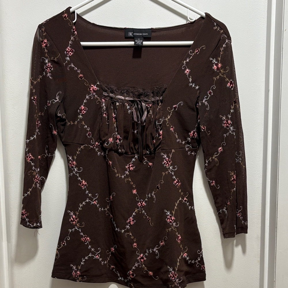 INC International Concepts Dark Brown Floral Top